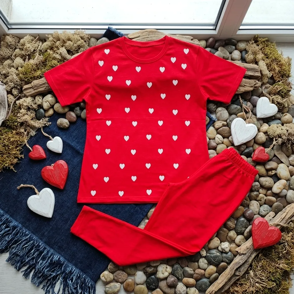 ست تیشرت و شلوار دخترانه طرح قلبی جنس نخ ویسکوز سایز 38 تا 48