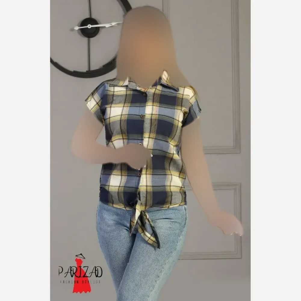 شومیز زنانه مدل گرهی چهارخونه نخی مناسب سایز لارج و ایکس لارج