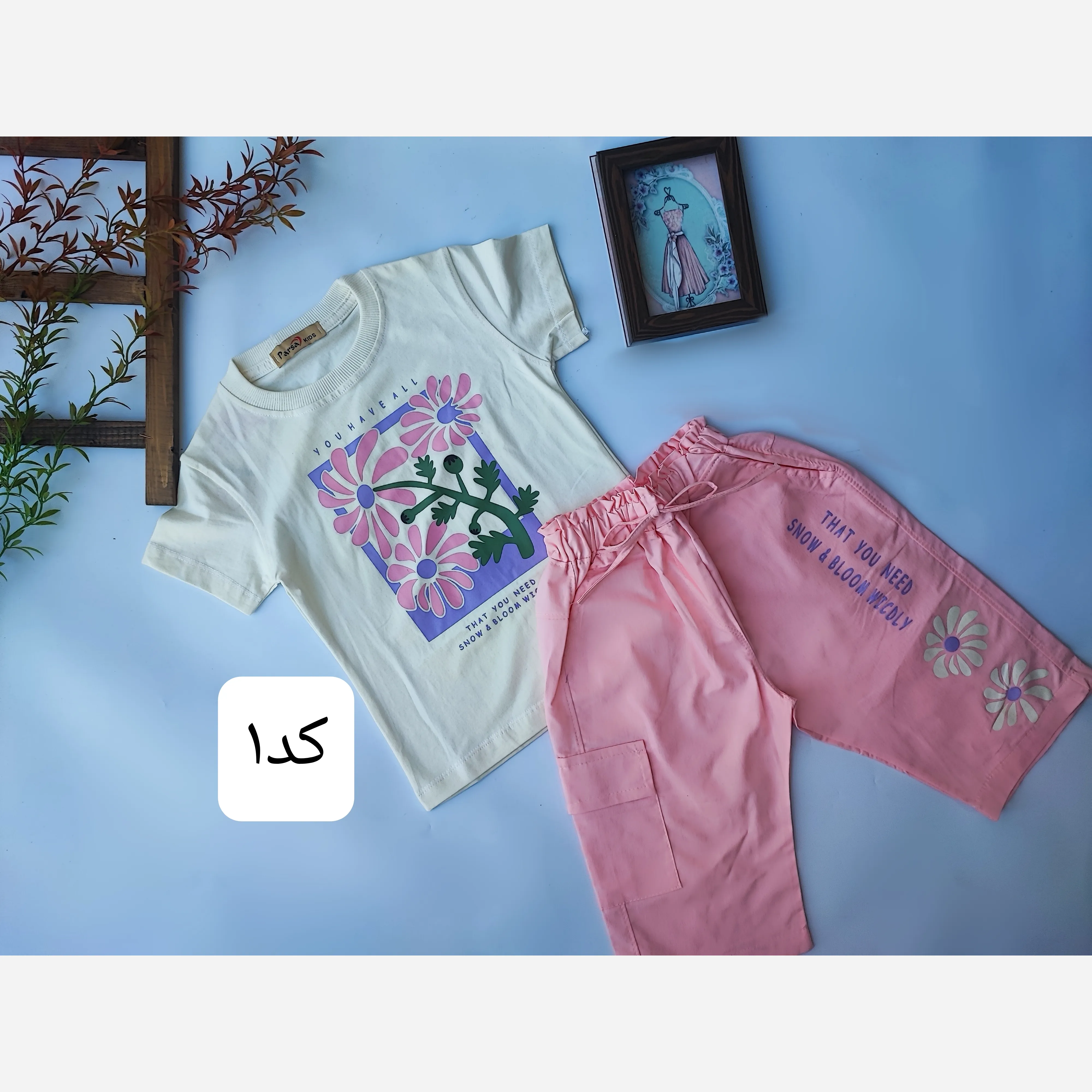 ست تیشرت و شلوارک دخترانه طرح گل دار باکیفیت و راحت