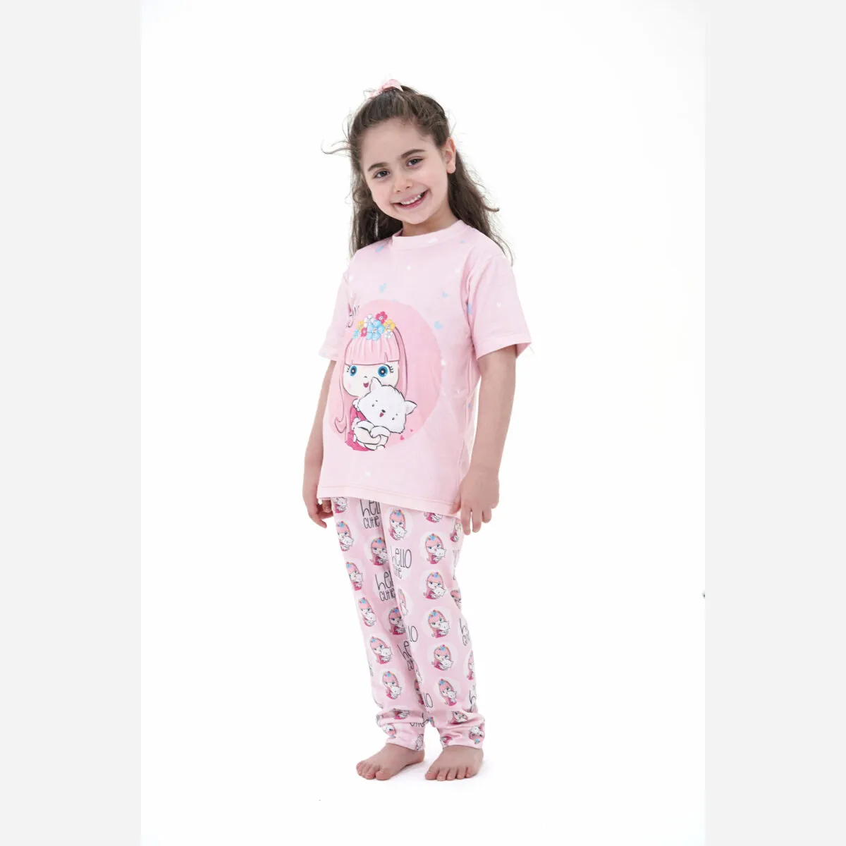 ست تیشرت و شلوار دخترانه طرح پیشی و دختر جنس پنبه و الیاف مصنوعی