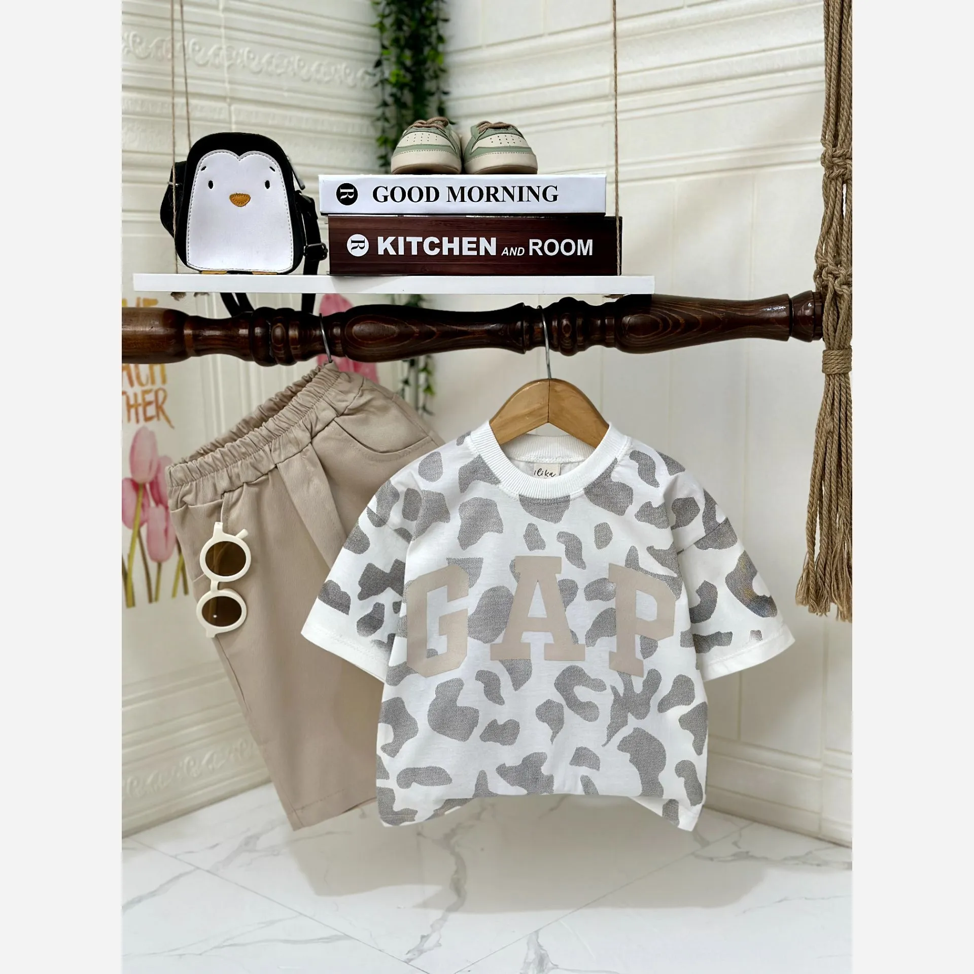ست تیشرت و شلوارک دخترانه GAP نخ پنبه و کتان مناسب 2 تا 8 سال
