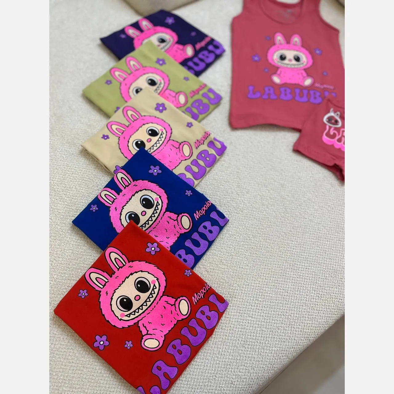 ست رکابی و شورت بچگانه نخ پنبه طرح لبوبو مناسب 3 تا 10 سال
