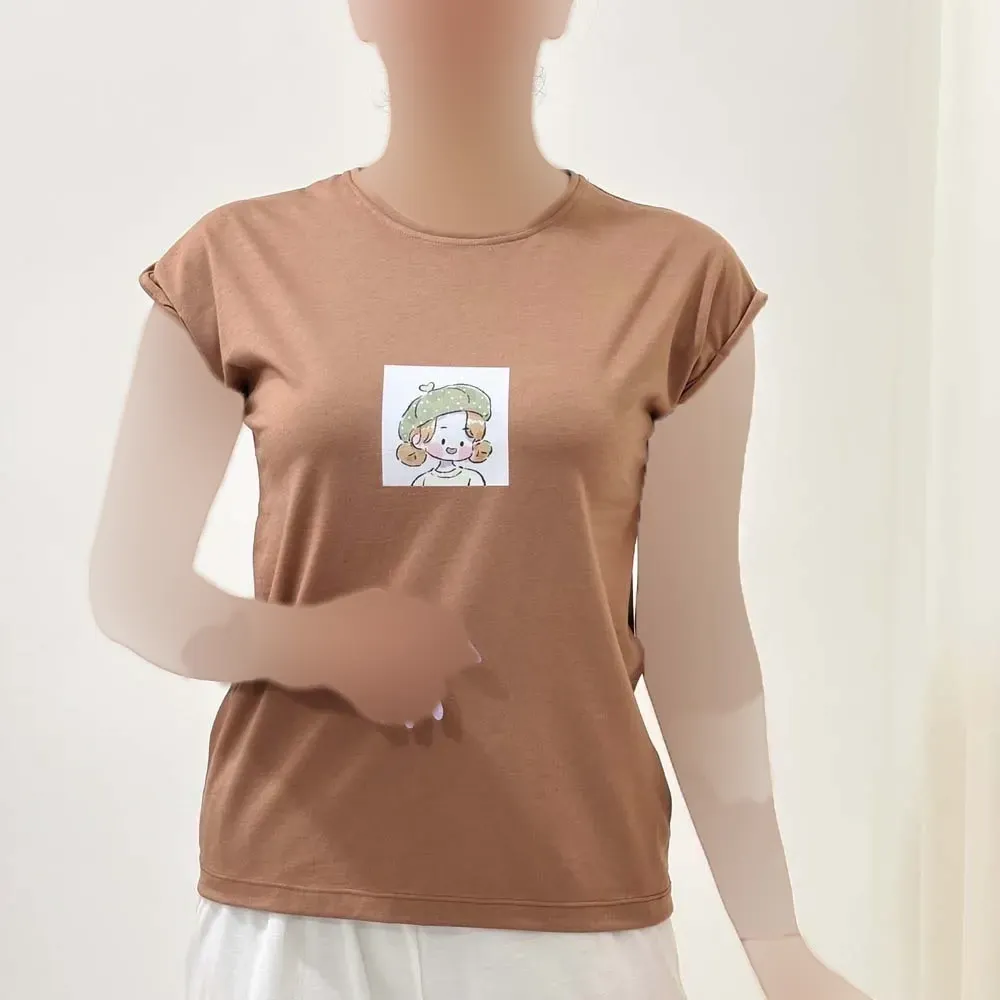 تیشرت نخ پنبه چاپدار آستین سرخود فری سایز کد 1374