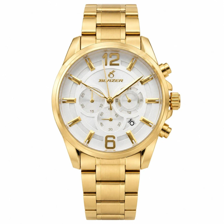ساعت مچی زنانه بلیزر مدل 3128 طلایی صفحه سفید طرح سه موتور با تقویم و بند استیل رنگ ثابت
