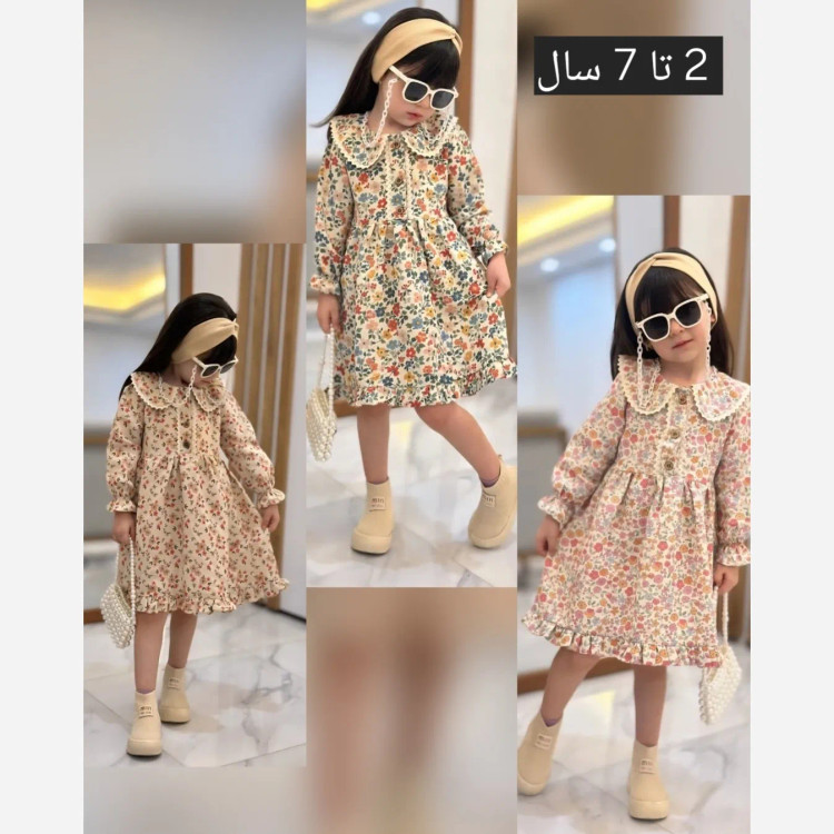پیراهن دخترانه لینن وارداتی طرح گل مناسب 2 تا 8 سال