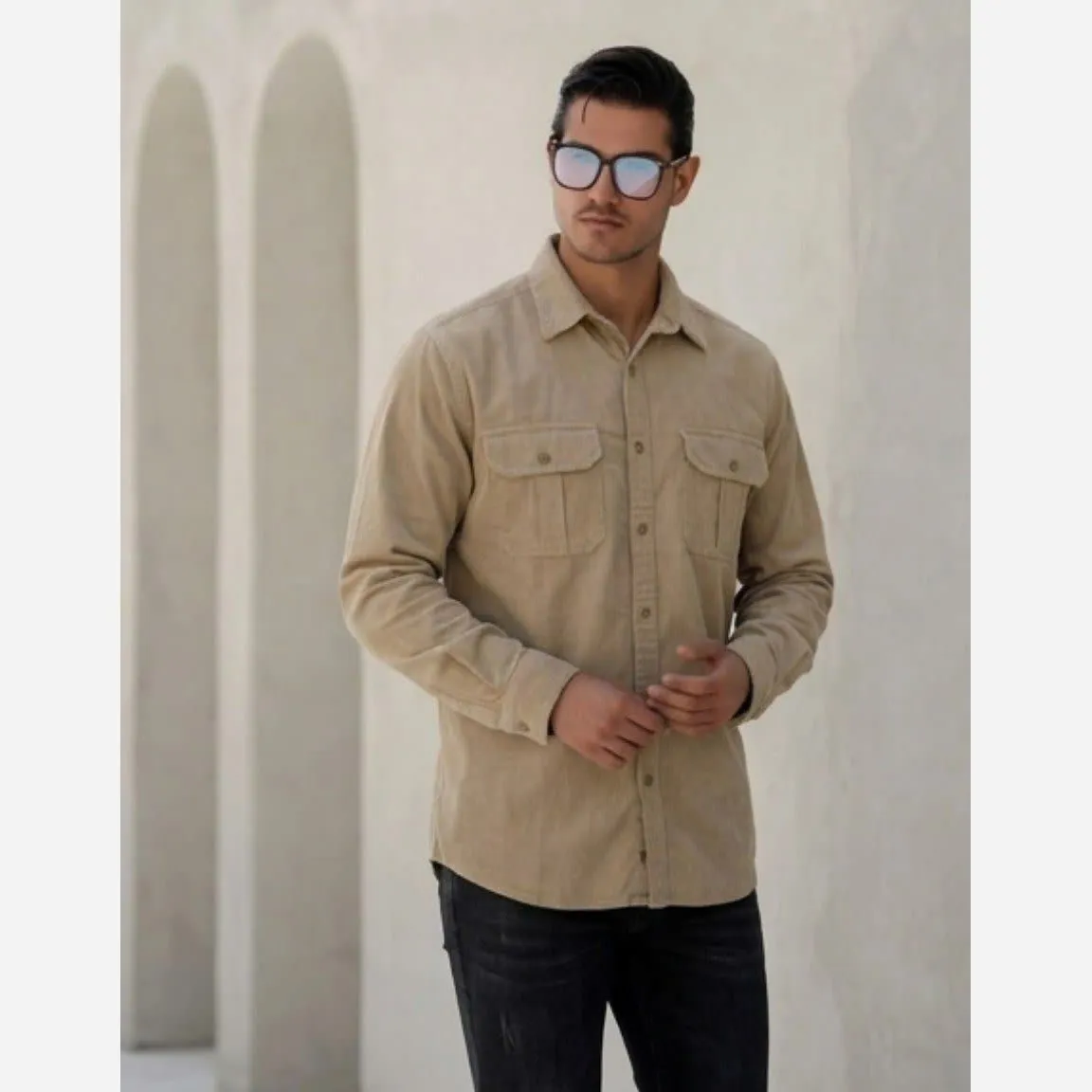 پیراهن کتان مردانه مدل یاشیل رنگ خاکی