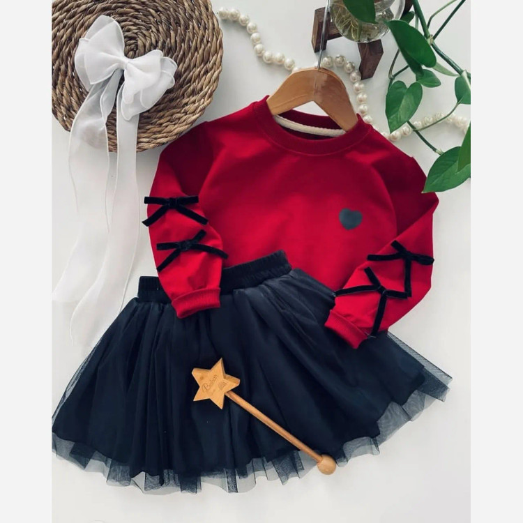 ست بلوز و دامن دخترانه یلدایی طرح دار جنس دورس پنبه و تور آستردار سایز 40 تا 55