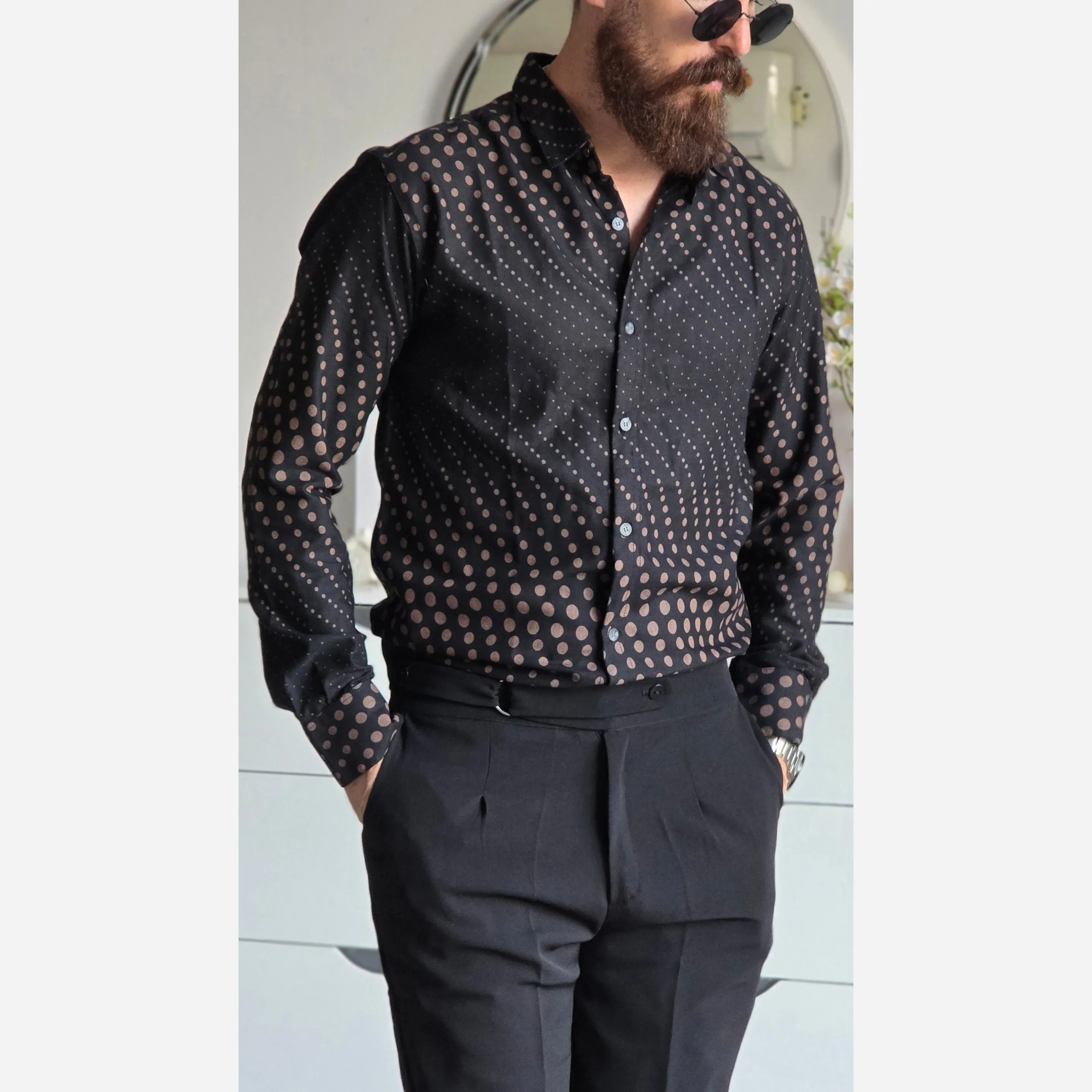 پیراهن مردانه آستین بلند مشکی طرحدار پارچه سارینا سایز M تا XXL