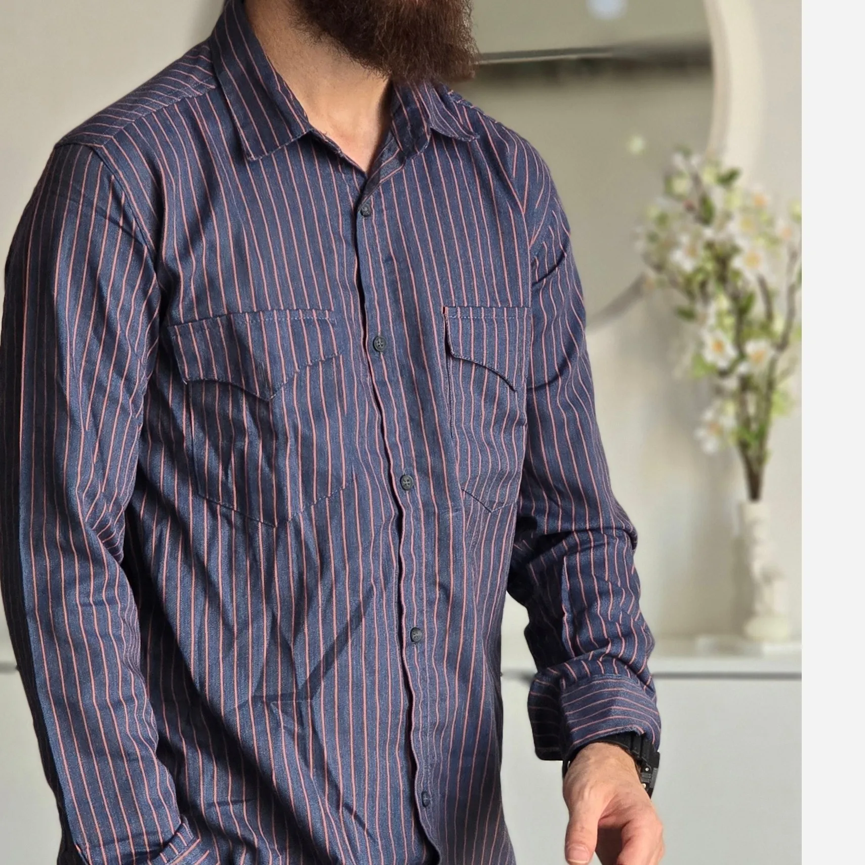 پیراهن جین آستین بلند دو جیب مردانه پارچه جین کاغذی کشی سایز M تا XXL
