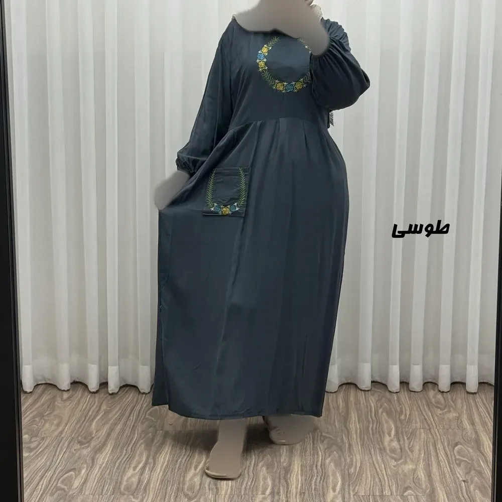 پیراهن نخی گلدوزی زنانه مدل خاطره فری سایز تا 48 با کمربند