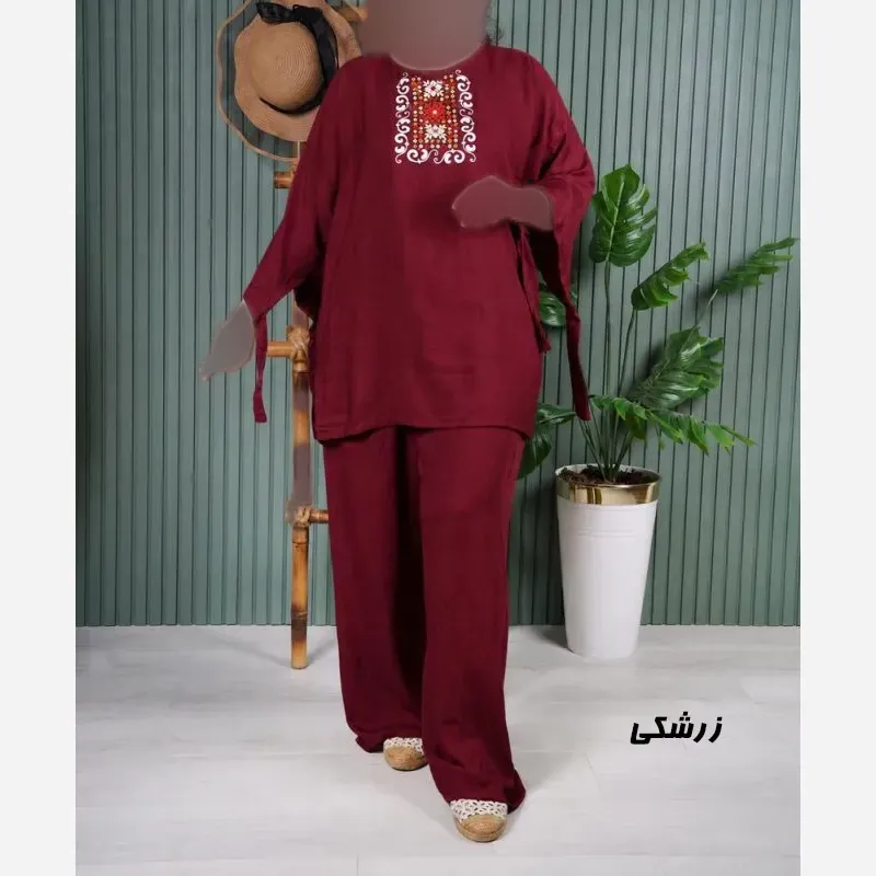 ست بلوز و شلوار نخی زنانه مدل سنتی فری سایز مناسب تا 48