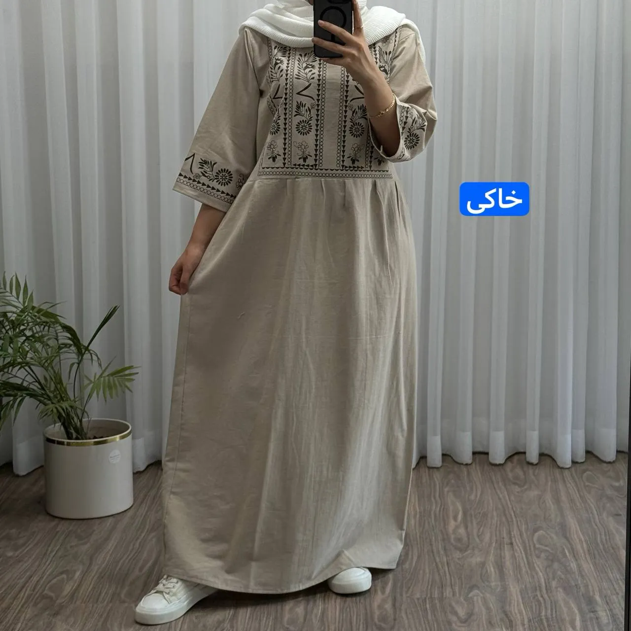 پیراهن زنانه لینن طرح مایا فری سایز مناسب تا 48 با کمربند