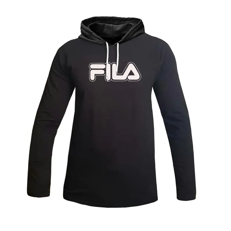 تیشرت کلاه دار مردانه طرح Fila مدل 47887 آستین بلند نخی اعلا مناسب چهارفصل مشکی سفید