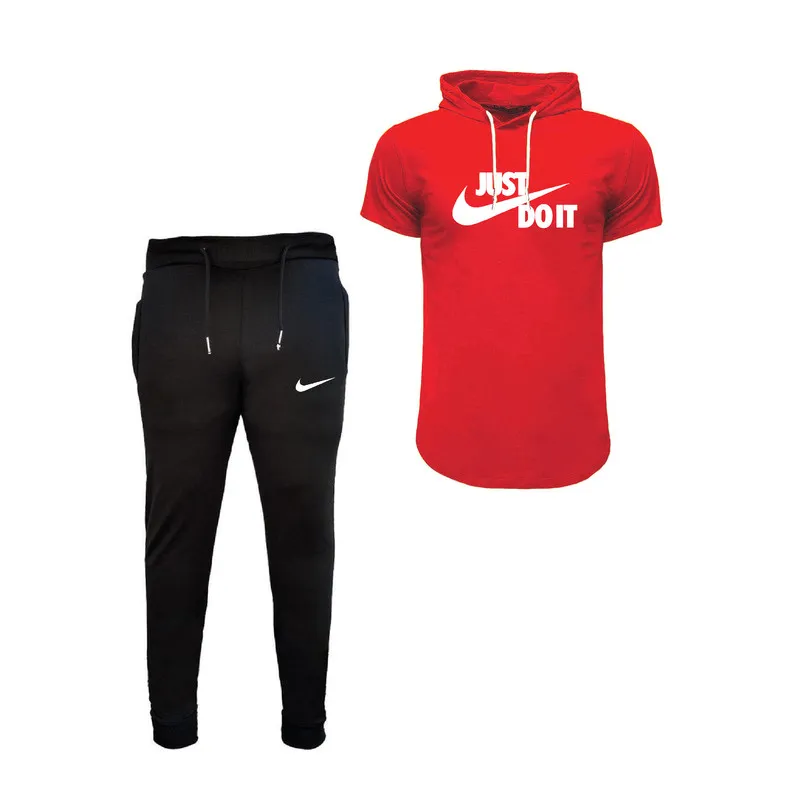 ست تیشرت و شلوار مردانه نخی آستین کوتاه کلاه دار دم پا کش زیپ دار