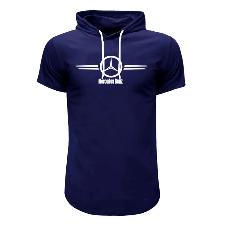 تیشرت کلاه دار مردانه سورمه ای طرح بنز آستین کوتاه نخی سایز L XL 2XL