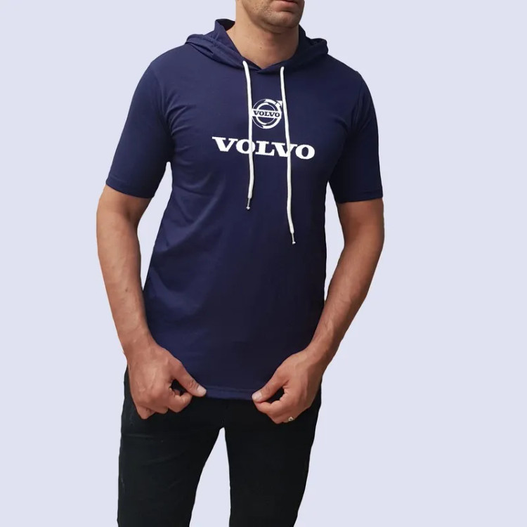 تیشرت کلاه دار مردانه طرح ولوو سورمه ای نخی اعلا سایز L XL 2XL