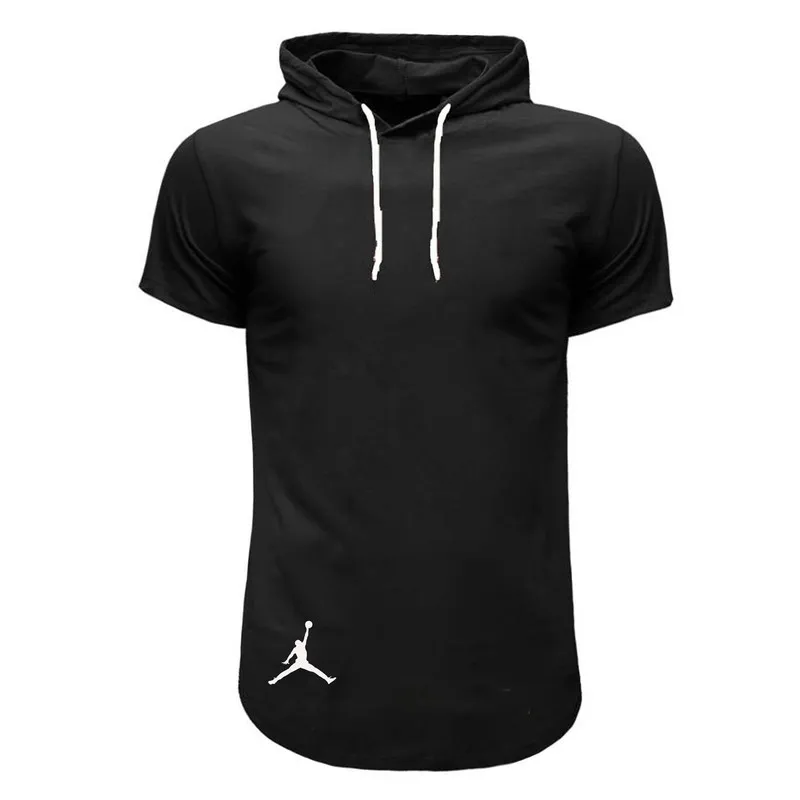 تی شرت کلاه دار مردانه نخی آستین کوتاه مشکی مدل bl4406