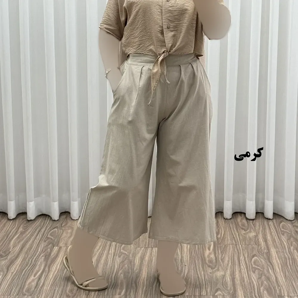 شلوار واید لنین نچرال فری سایز تا 50 تنخور شیک و راحت چهارفصل زنانه مناسب باردار و سایز درشت