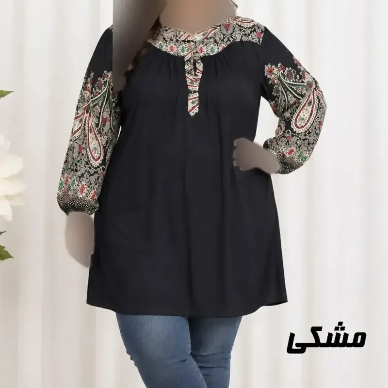 تونیک نخی سایز بزرگ طرح اندونزی مدل ترمه دکمه دار چهارفصل
