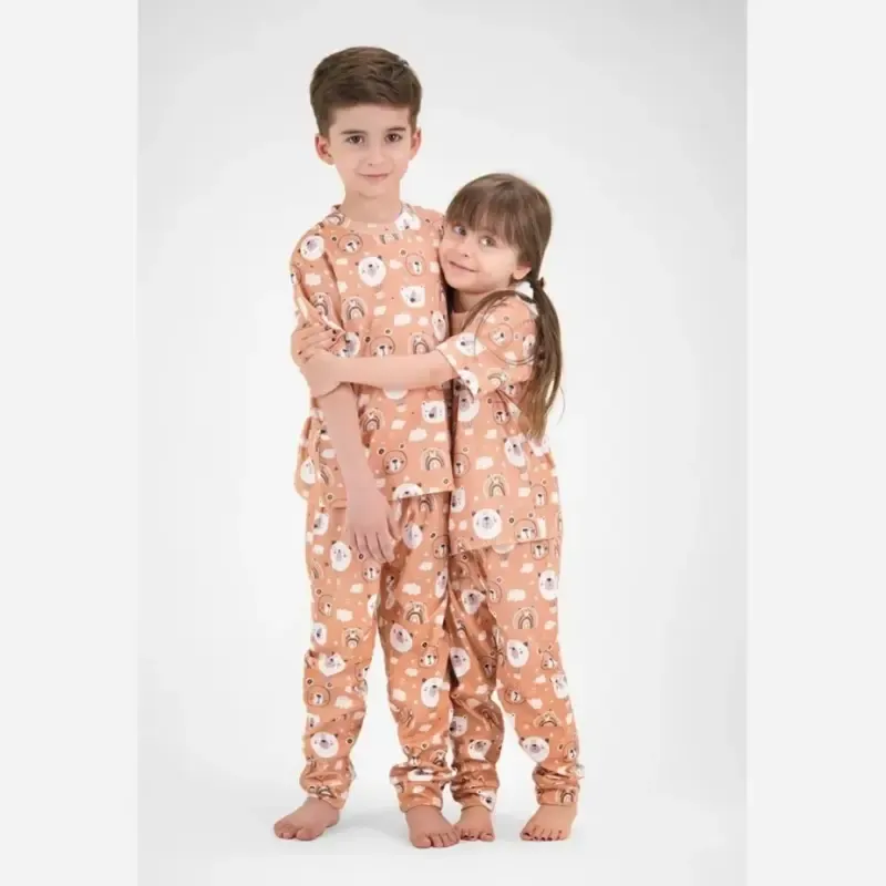 ست راحتی بچگانه بلوز شلوار آستین کوتاه پنبه طرح خرس شکلاتی