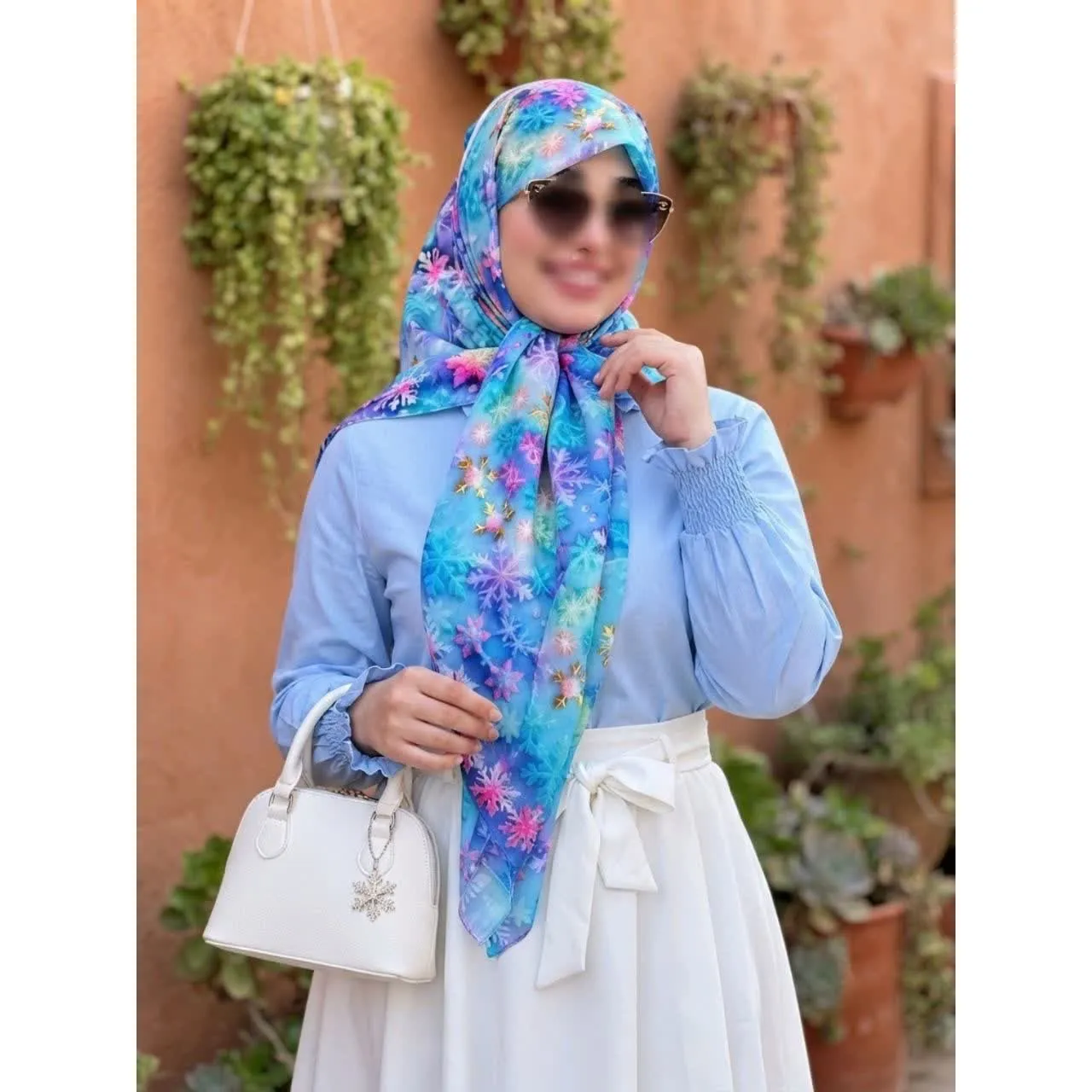 روسری نخی طرح بارلین قواره 140 زنانه آبی پاستیلی